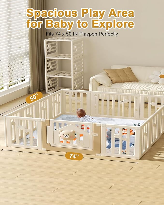 Premium Foam Baby Play Mat 74" x 50" – Removable & Machine Washable Cover, Extra Thick Padding Playpen Mat, Non-Slip Crawling Mat, Easy to Clean for Infants, Toddlers & Babies