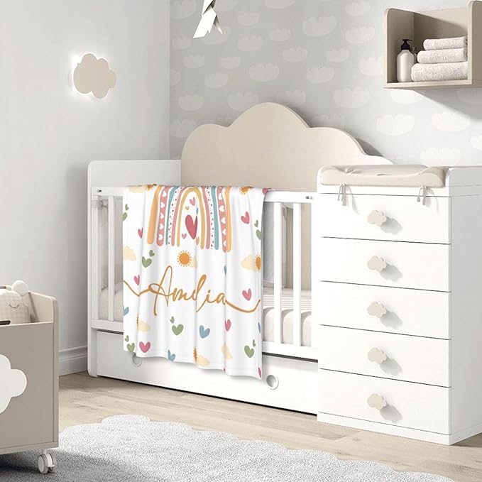 Personalized Baby Blankets for Girls Women Custom Boho Style Baby Blanket with Rainbow Personalized Baby Girl Blanket with Name Customized Gift for Adult Expecting Mom Baby Shower Birthday Gifts