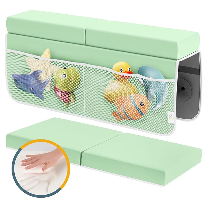 Baby Bath Kneeler and Elbow Rest Pad Set, 2-Inch Thick, Memory Foam, Water-Resistant Mat – Bath Time Essentials Cushion and Bath Kneeling Pad for Bathing Baby with Bathtub Toy Organizer (Mint Green)
