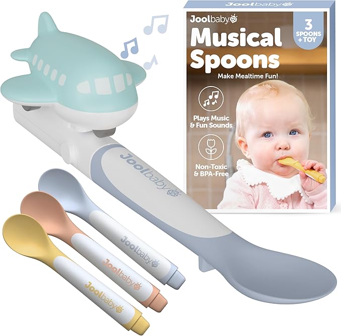 Jool Baby Musical Baby Spoons, 3 Spoons + Plane with Fun Sounds - Multi-Stage Spoon for Infant Feeding & Training Babies 6+ Months to Self-Feed