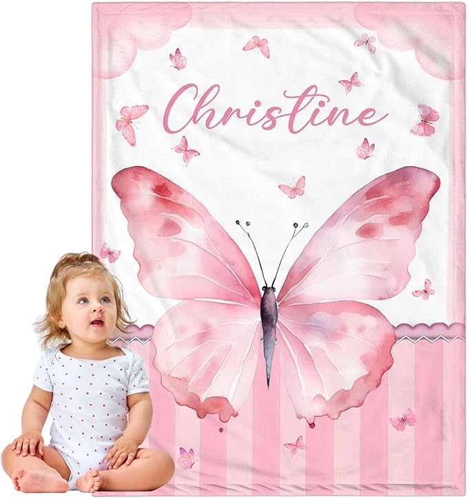 Personalized Baby Blanket for Girls, Custom Baby Blanket with Name, Soft Cozy Personalized Name Blankets for Kids, Customized Butterfly Blankets for Infant Toddler Birthday Christmas
