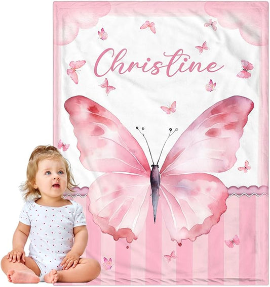 Personalized Baby Blanket for Girls, Custom Baby Blanket with Name, Soft Cozy Personalized Name Blankets for Kids, Customized Butterfly Blankets for Infant Toddler Birthday Christmas