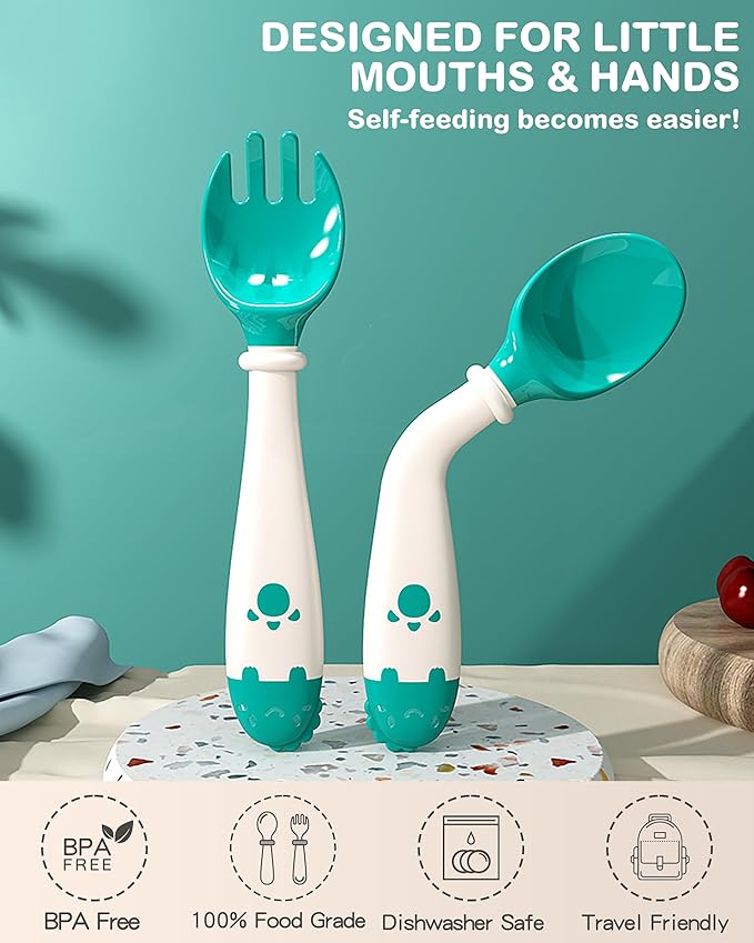 Deejoy Toddler Utensils, Self-feeding Flatware Set withTravel Case, Baby Spoons and Forks with Silicone Bendable Handle, Easy Grip Heat-Resistant, Ideal for Kids, Stage 2 (Green)