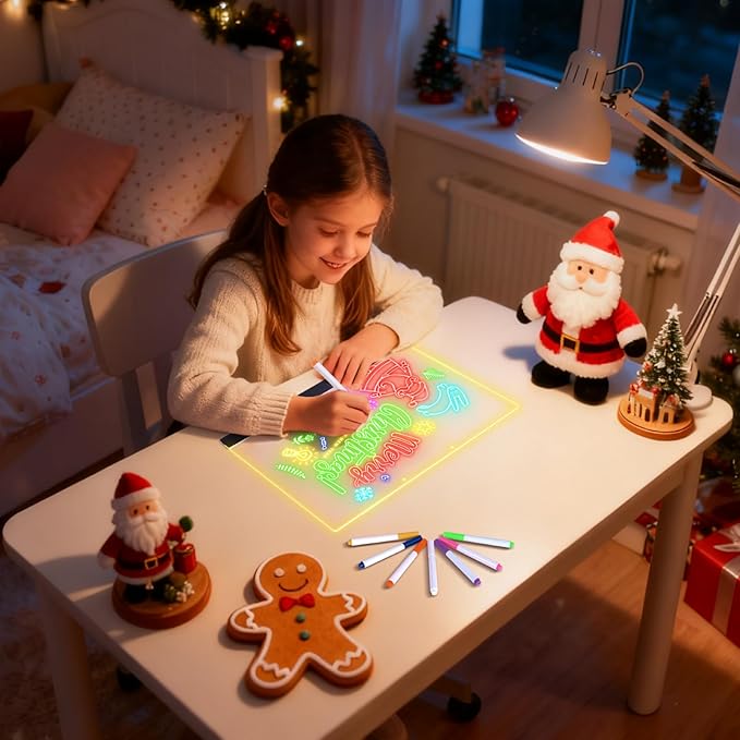 LED Note Board with Colors, Led Drawing Board for Kids, Light Up Acrylic Dry Erase Boards with Stand, Christmas & Birthday Gifts for Girls/Teens (Black, 13.8" x 9.8")