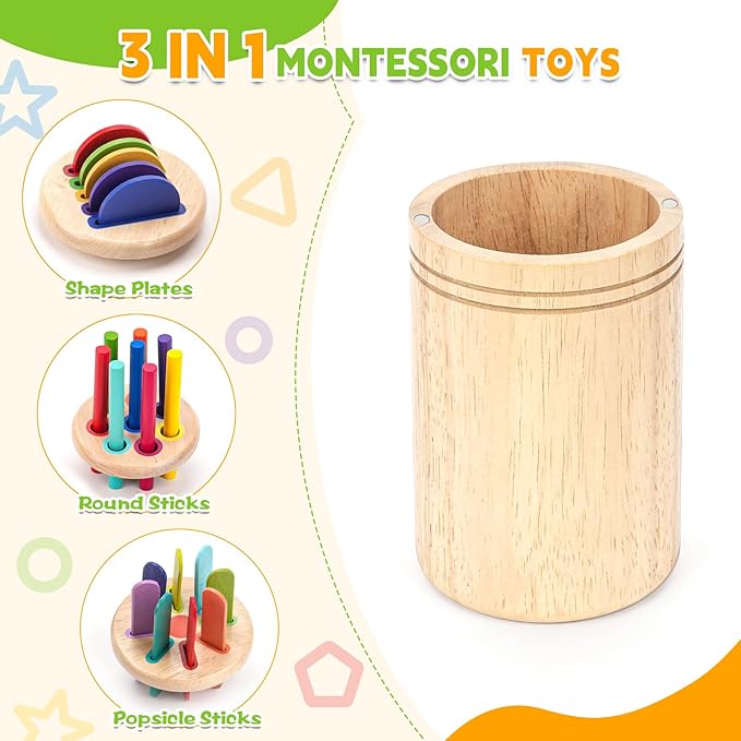 LYLIN Montessori Toys for 2 3 4 Years Old, 3 in 1 Wooden Color Sorting Toys for Toddlers, Fine Motor Skills Toys for 1-2 Years Old Sensory Development Educational Toy Girls Boys Birthday Gifts