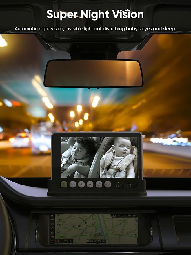 bonoch 5" 1440P Baby Car Camera for 2 Kids - 360° Rotating Adjustable Wide View Dual Cameras, Split Screen Night Vision Baby Monitor, Easy Install Rear Facing Backseat Mirror, USB Powered with Charger