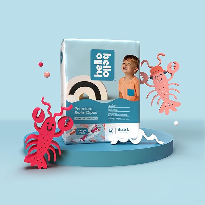 Hello Bello Premium Swim Diapers - Size L (32-40 lbs), Cute Extra-Bright Lobster Designs, 17 Count Jumbo Pack