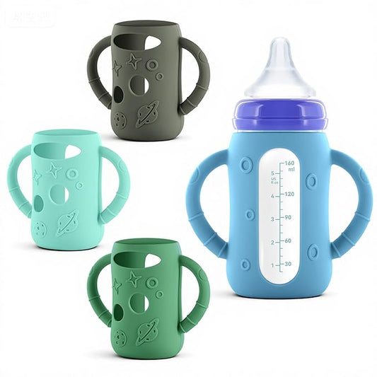 4-Pack Silicone Sleeves for Lansinoh Glass Bottles 5 oz- Starry Sky Design Baby Bottle Holder with Handles,Protectors for Lansinoh Natural Wave Glass Bottles, Anti-Scald Feeding Supplies