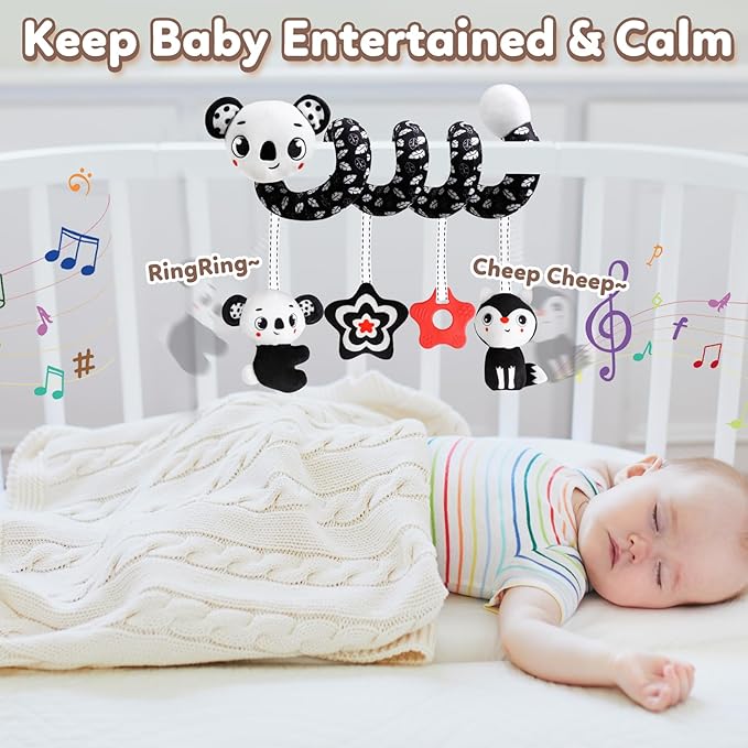 Baby Carseat Toy Black & White Rattle Spiral Hanging Activity Stroller Toy for Newborns Boys and Girls - Coala