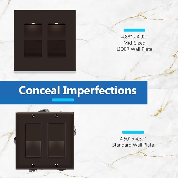 LIDER Matte Finish Decorator Switch Cover, Screwless Wall Plate, Mid-Size 2-Gang 4.88" x 4.92", Unbreakable Polycarbonate Thermoplastic, UL Listed, LSWP-32M-BR, Brown