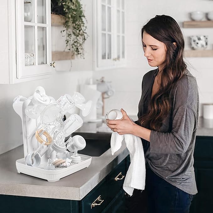 Termichy Baby Bottle Drying Rack: Large Vertical Bottle Dryer Rack Holder - Space Saving Standing Drying Rack for Baby Bottles and Pump Part Cleaning (White)