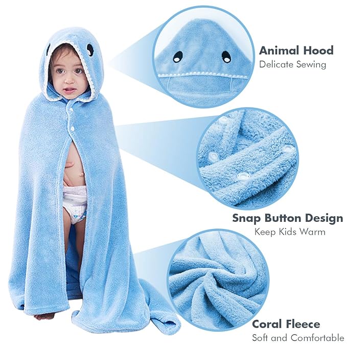 ROMASA Toddler Hooded Bath Towel Ultra Soft Towel Highly Absorbent Bathrobe Blanket for Boys Girls- 27.5" x 55"(Blue Shark-Shape)