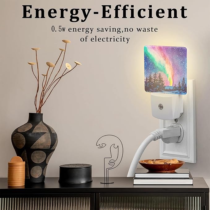 Northern Lights Starry Night Night Light Plug into Wall, Winter Snowy Forest 0.5w Energy Saving Sleep Friendly Dusk to Dawn NightLights for Kids Boys Girls Home Decor