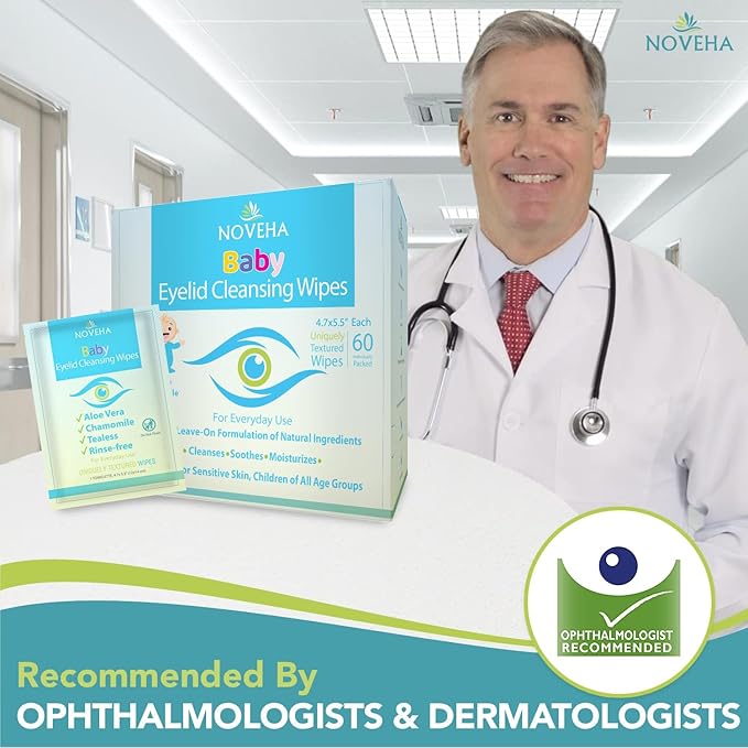 NOVEHA 60PCs Baby Eye Wipes | Safe & Natural Eyelid & Lash Wipes | Non Irritating, Tear Free, Hypoallergenic & Preservative free | Organic Baby Wipes for Sensitive Skin | Soothing and Moisturizing