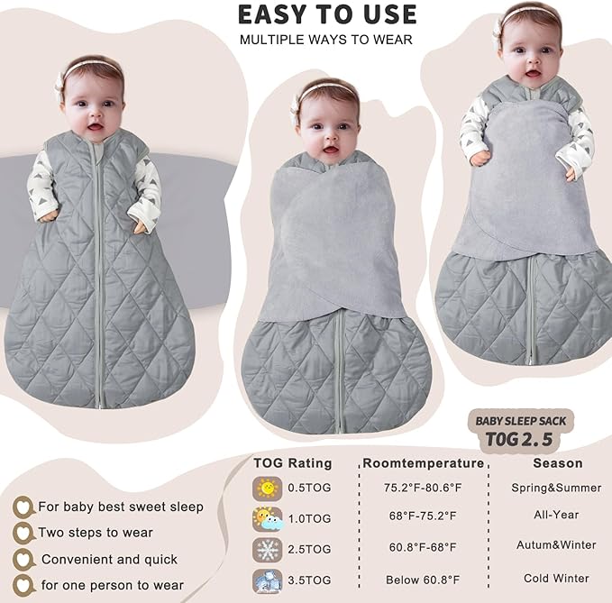 Newborn Sleep Sack Baby Swaddle,3-Way Adjustable Wearable Blanket,Swaddling Sleeping Bag,TOG 2.5 (Gray, 6-12 Months)