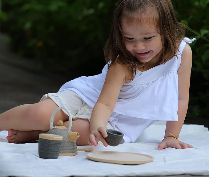 PlanToys Wooden Classic Styled Tea Party Set for a Pretend Play Tea Party (3617) | Sustainably Made from Rubberwood and Non-Toxic Paints and Dyes | Eco-Friendly PlanWood