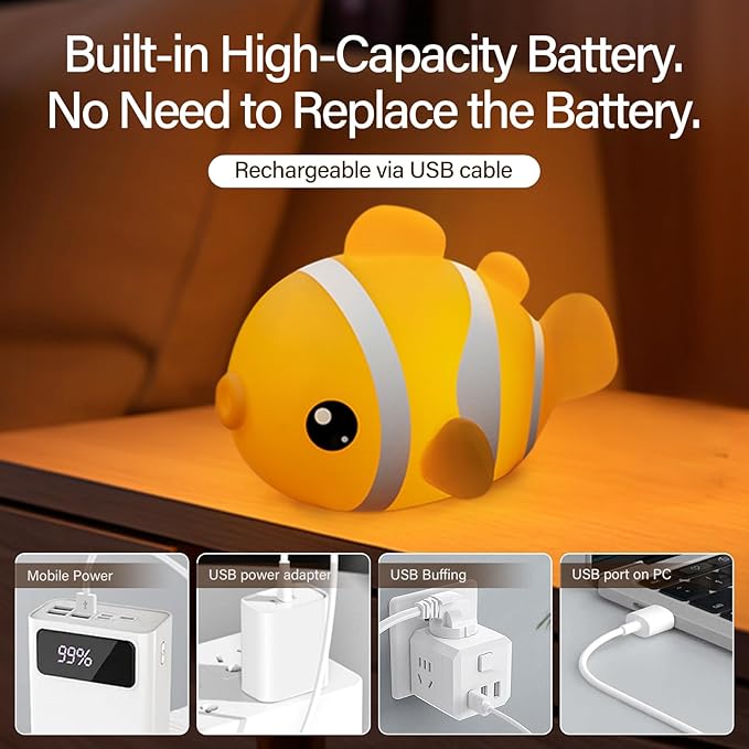 Cute Clownfish Night Light - Silicone Pat Pat Lamp with 3-Level Brightness Adjustment, Timer Function, Rechargeable Touch Control Nursery Nightlight for Baby Bedroom Decor