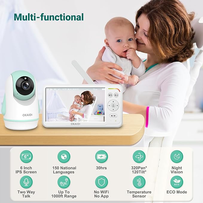 OKAIDI Baby Monitor with Camera and Audio,6" IPS Screen Baby Camera Monitor with 30H Battery,1000ft Range,Night Vision,Baby Monitor No WiFi,2-Way Talk & 150 Languages Support(Ideal for Home & Travel)