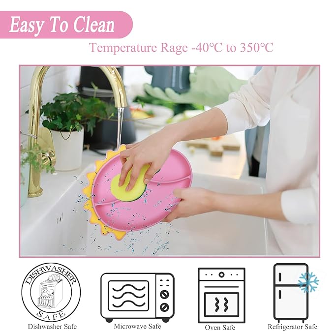 Silicone Suction Plates for Baby Toddler with Stainless Steel Spoon Fork set Divided Dinosaurs Plates Self Feeding Training Baby Dinner Plate-Pink Dinosaurs Plate Set
