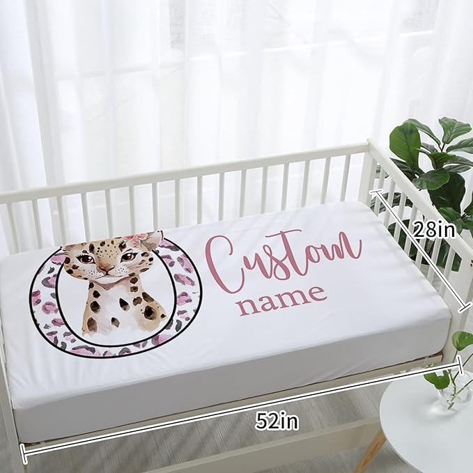 Personalized Nursery Crib Bedding Set: Custom Name Pink 5 Piece Baby Crib Sets with Leopard Design - Toddler Double Layer Blanket Set, Comfortable Crib Bed Sheets for Baby Grils