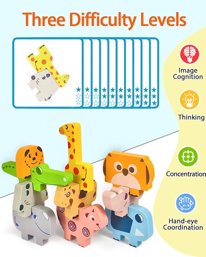 Montessori Toys for 1 2 3 4 Year Old Boys Girls, Toddler Toys Age 2-4, 10 Pack Wooden Animal Blocks Sorting & Stacking Education Toddler Puzzles Toy,1 2 3 4 Year Old Girl Boy Birthday Gifts