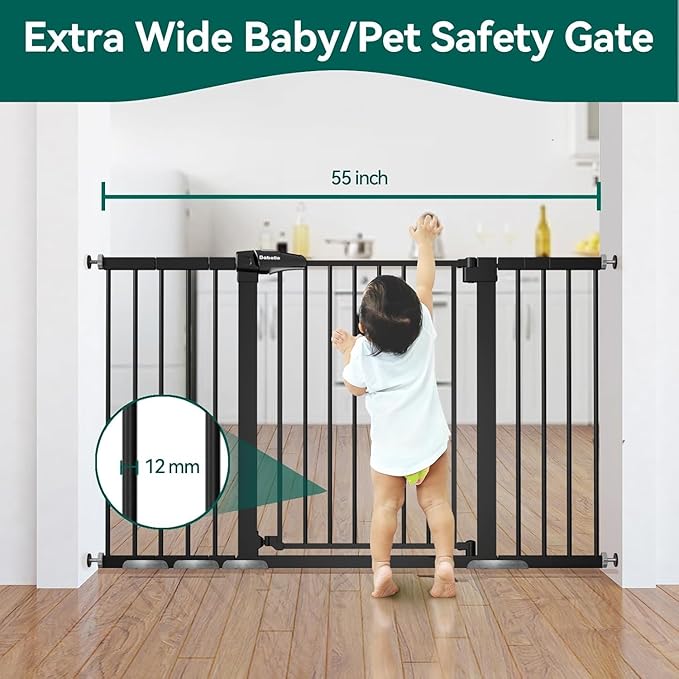 BABELIO 36" Tall Baby Gate, PressGuard P7, 29-55" Auto Close Pressure Mounted Dog Gate for Doorways & Hallway, Basics Easy Walk Thru Pet Gate, Extra Wide Metal Child Gate, Black