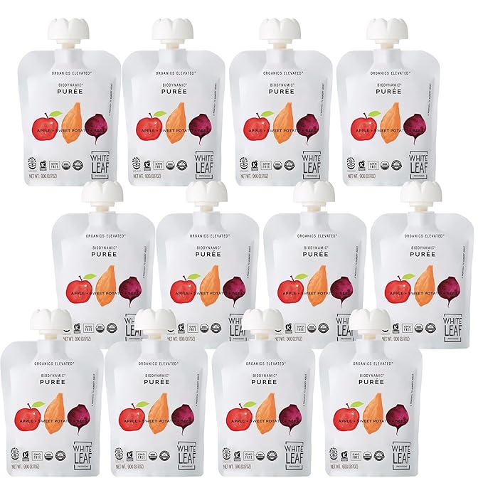 White Leaf Provisions Organic Purees / Baby Food Pouches - Fruits, Veggies & Grains, Toddler snack, Regeneratively Farmed, No Added Sugar, Non-GMO, BPA-Free Pouches 3.17 oz (Pack of 24, Apple + Sweet Potato + Beet)