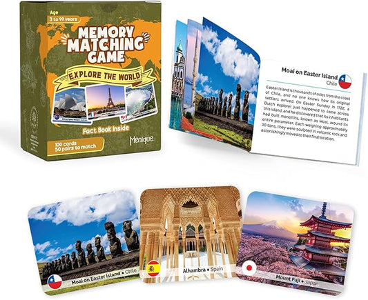 Menique Explore The World Memory Matching Game – 100 Cards (50 Pairs) with Famous Landmarks from 50 Countries – Includes Flag, Country & Place – Educational Geography Game + Informative Booklet