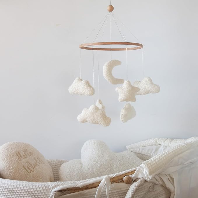 Cloud Crib Mobile Baby Mobile for Crib Neutral Boho Moon and Clouds Mobile Neutral Nursery Décor Boucle Mobile