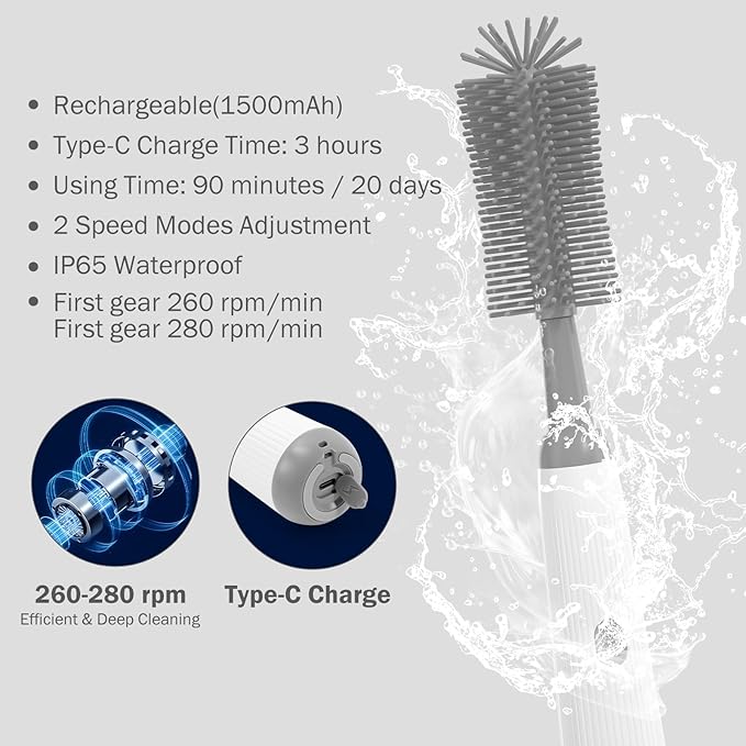 Electric Bottle Brush Cleaner, 9 in 1 Baby Bottle Brush Kit with Nipple Straw Crevice Brushes Drying Rack Extender Soap Dispenser Storage Box, Rechargable Bottle Cleaner Set for Travel & Home (Gray)