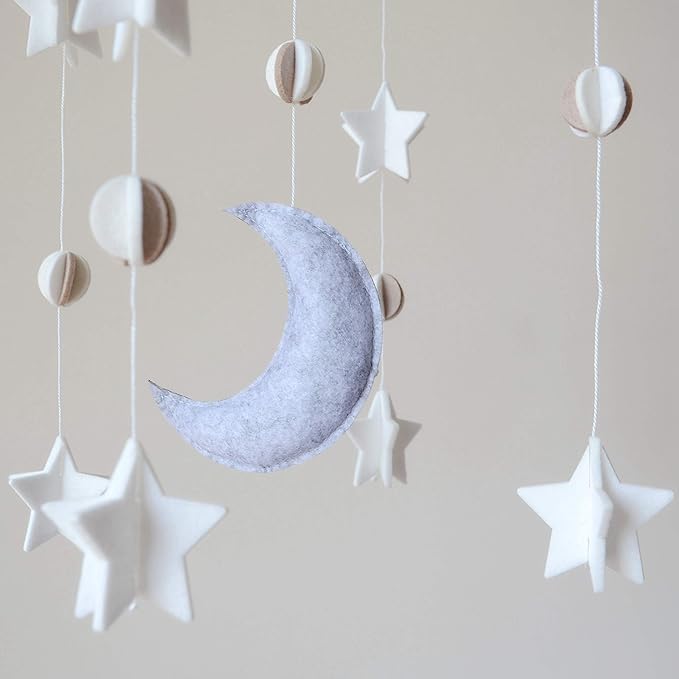 Sorrel + Fern Baby Crib Mobile - Moon & Stars (Grey, White & Cream) - Nursery Decoration - Unisex