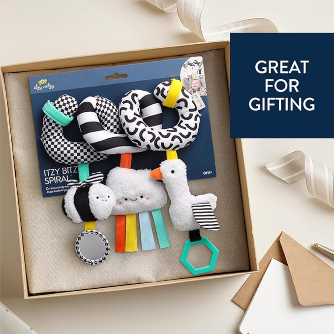 Itzy Ritzy Spiral Car Seat & Stroller Activity Toy - Stroller & Car Seat Toys for Ages 0 Months and Up - Hanging Toys Include Dangling Ring, Mirror and Textured Ribbons (High Contrast)