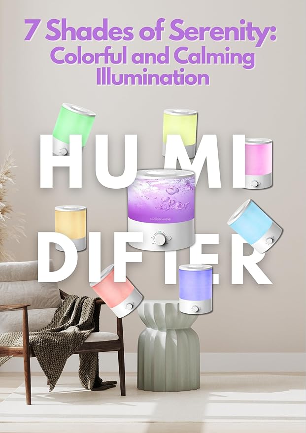 Megawise Cool Mist Humidifier with Top Refill Design, 2L Capacity, High Mist Output, No Leakage, and 7 Color Night Light