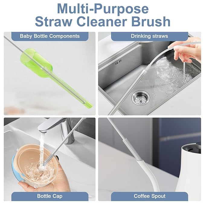 Reusable Silicone Straw Cleaner Brush Set, 2-Pack Extra Long Straw Cleaning Brush for Metal/Glass/Water Bottle/Drinking Straws, Flexible&Bendable Design, Dishwasher Safe, 6mm & 8mm Diameter
