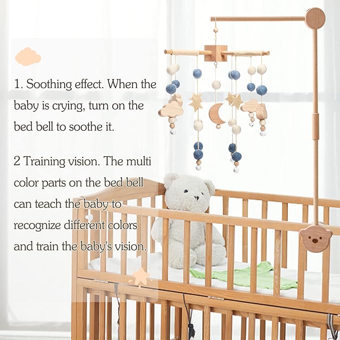 Boho Baby Crib Mobile Decor - Wooden Moon and Stars Nursery Mobiles with Cloud for Bassinet Starry Night Handmade Soft Felt Beads Hanging Wind Chime Toys Pendant for Infant Newborn Boy and Girl