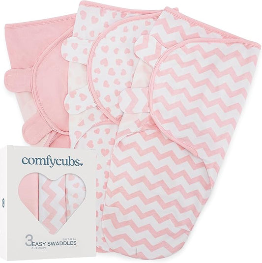 Comfy Cubs Easy Swaddle Blanket, 3 Pack - 100% Cotton Newborn Wrap, Small for 0-3 Months Infants, with Adjustable Velcro, Breathable and Durable Sleep Sack for Babies - Pink