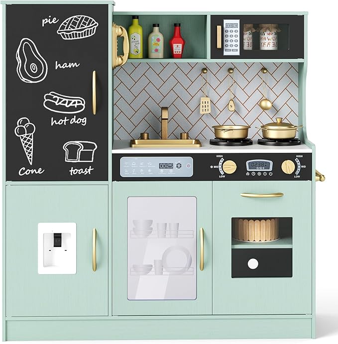 HONEY JOY Upgrade 39 in Kids Kitchen Playset, Large Wooden Little Chef Pretend Toy Kitchen Set w/Chalkboard, Telephone, Utensils, Oven, Microwave, Sink, Storage, Play Kitchen for Toddlers, Green
