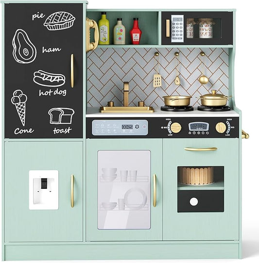 HONEY JOY Upgrade 39 in Kids Kitchen Playset, Large Wooden Little Chef Pretend Toy Kitchen Set w/Chalkboard, Telephone, Utensils, Oven, Microwave, Sink, Storage, Play Kitchen for Toddlers, Green