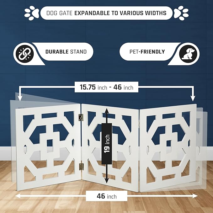 Bundaloo Freestanding Dog Gate Expandable Decorative Wooden Fence for Small to Medium Pet Dogs, Barrier for Stairs, Doorways, & Hallways
