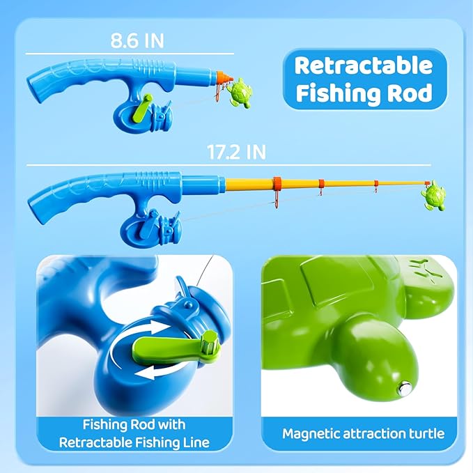 Magnetic Fishing Game Toys for Kids Toddlers 3-5 4-8, Water Table Bathtub Toys with Pole Rod Net Plastic Floating Fish, Water Bath Pool Outdoor Toys for Kids Toddlers Baby Age 3 4 5 6 7 8 Year Old