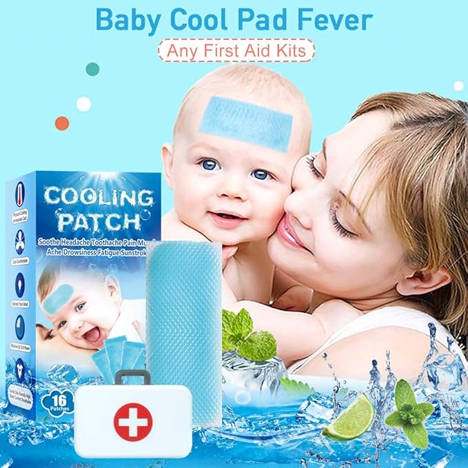 16 Sheets Baby Cool Pads for Kids Fever Discomfort & Pain Relief, Cooling Relief Fever Reducer, Soothe Headache Pain, Pack of 16