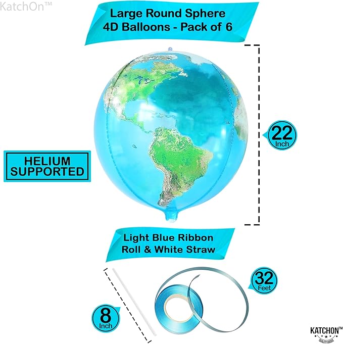 KatchOn, Globe Balloons for Earth Day Decorations - Huge 22 Inch, Pack of 6 | 4D World Map Balloon | Earth Balloons for Around The World Decorations | Back To School, Bon Voyage Party Decoration