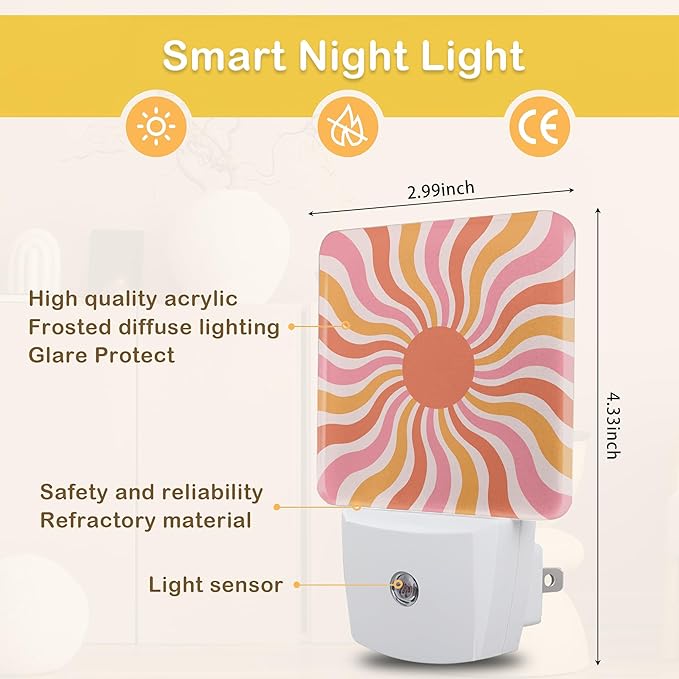 Boho Sun Night Light with Dusk to Dawn Light Sensors, Plug-in Wall Led Night Lights, Energy Efficient Lamp for Bedroom/Bathroom/Kitchen/Hallway/Stairs