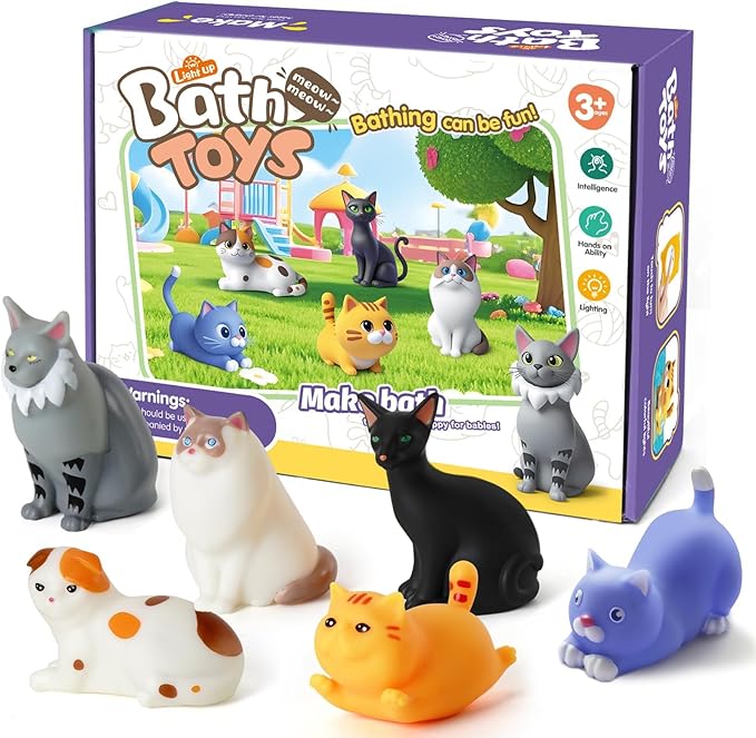 Bath Toys for Kids 1-3, 6 PCS Light-Up Cat Bath Toy Set, Baby Toddler Bath Toys, Bathtub Pool Bath Toy for Kids, Christmas Birthday Gifts for Boys & Girls Ages 1 2 3+ Years Old