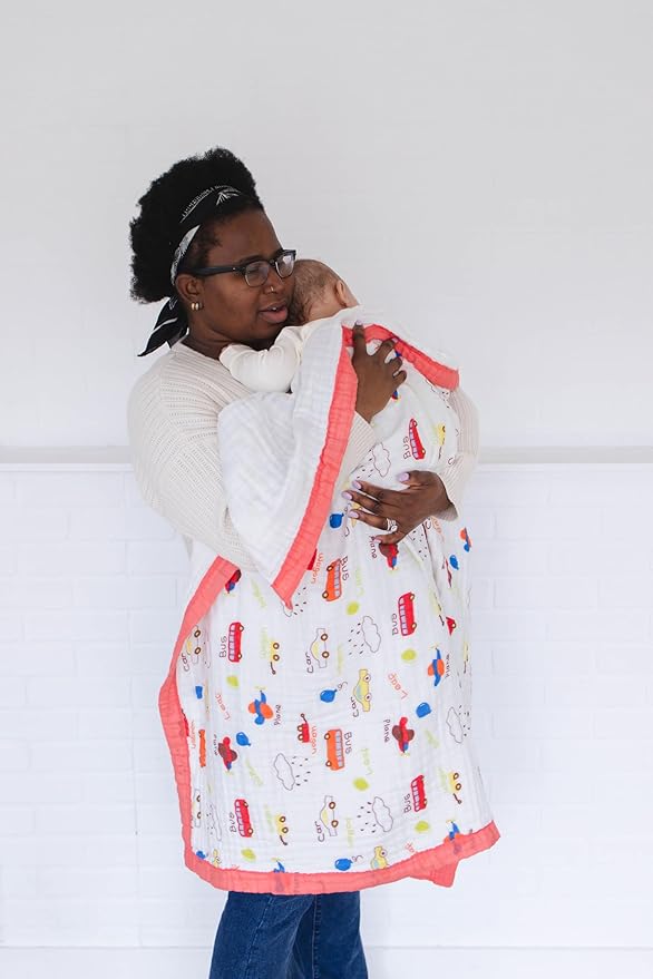 100% Cotton Muslin Baby Blanket | Soft & Breathable 6-Layer Swaddle & Receiving Blanket | Lightweight Quilt for Newborns, Infants & Toddlers | Gender-Neutral (Vroom Vroom)