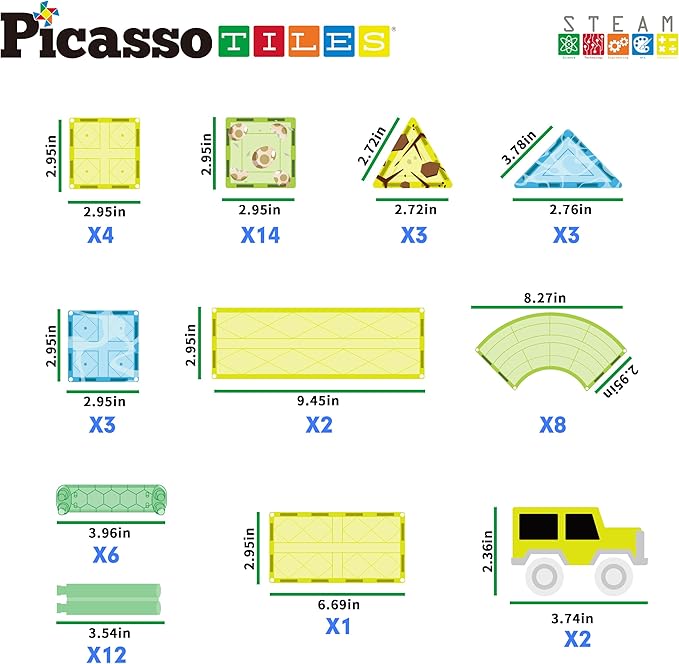 PicassoTiles Dinosaur Magnetic Tiles Racecar Track with 8 Magnet Tile Dino Toys 2 Cars Street Sign Accessory Kit Construction Building Blocks Educational Picasso Toy for Kids Ages 3 and up PTR02