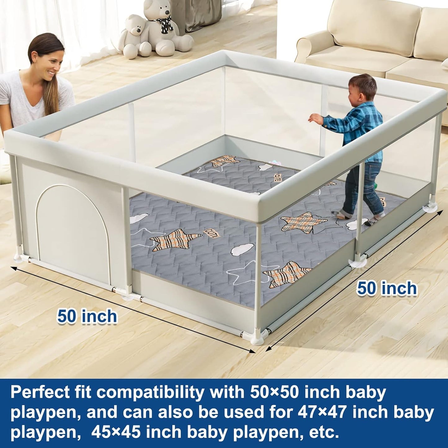 Baby Play Mats for Floor, Thick 50x50 Inch Crawling Mat for Playpen,Foam Playmats for Babies and Toddlers Infants, Foldable and Machine Washable(Grey)