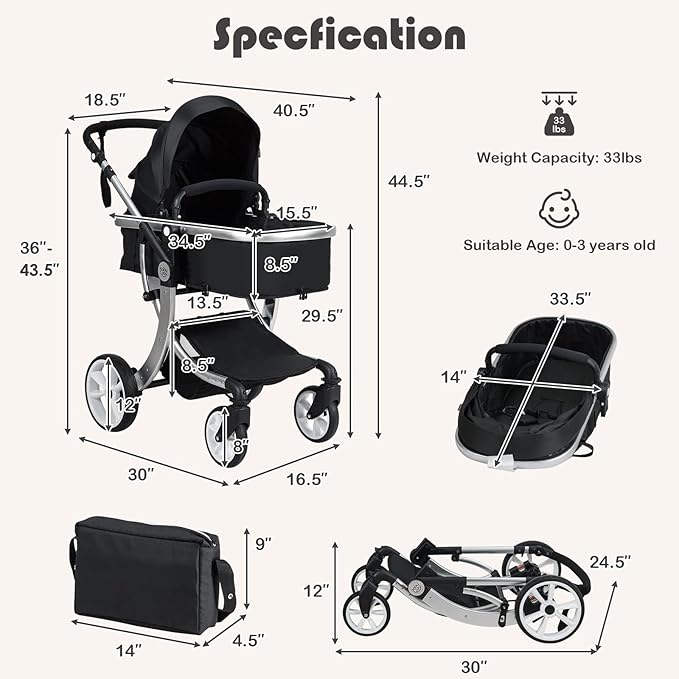 BABY JOY 2-in-1 High Landscape Baby Stroller, Reversible Bassinet Reclining Stroller, Foldable Push Chair w/Adjustable Canopy, Storage Bag, Foot Cover, Rain Cover & Net, Aluminum Alloy Frame (Black)