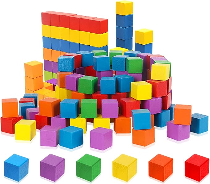 Cube Blocks, 200 Pack Colorful Square Wooden Building Blocks, Baby Shower Decorating Cubes, Puzzle Making and DIY Craft