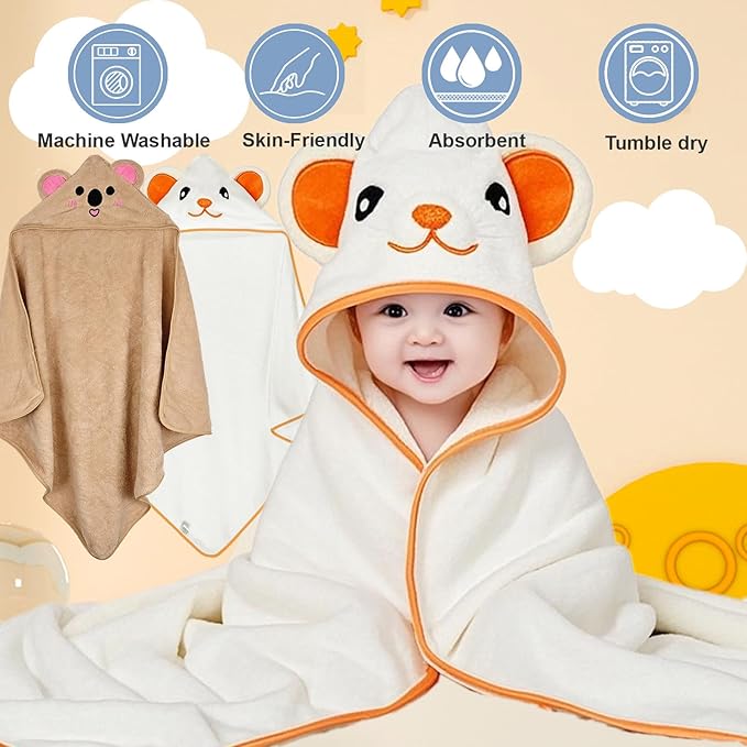 Hooded Baby Towels 2 Pack, Coral Fleece Luxuriously Thick Soft Shower Bath Towel with Hooded, Ultra Absorbent Bath Cloths Bulk for Newborn, Infant, Toddler (White & White)